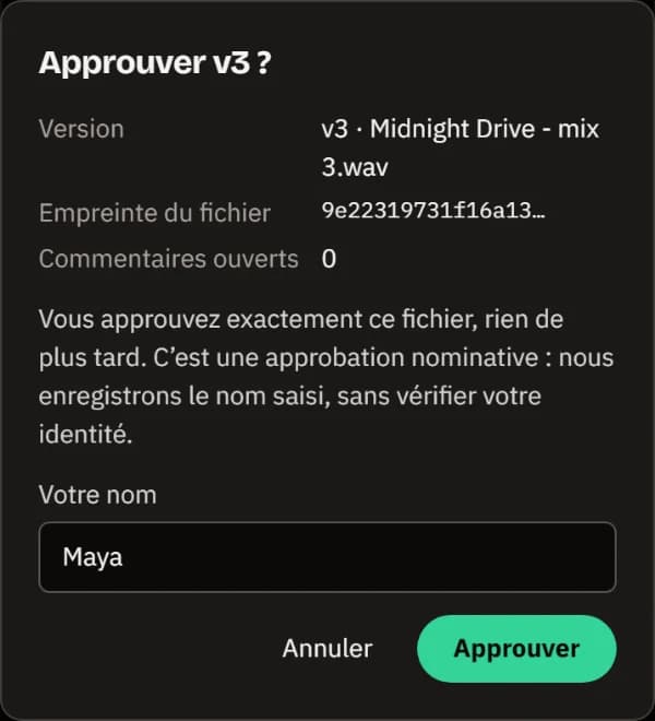 La boîte Approuver la v3 ? : la version, l'empreinte du fichier, 0 commentaire ouvert et le nom Maya.