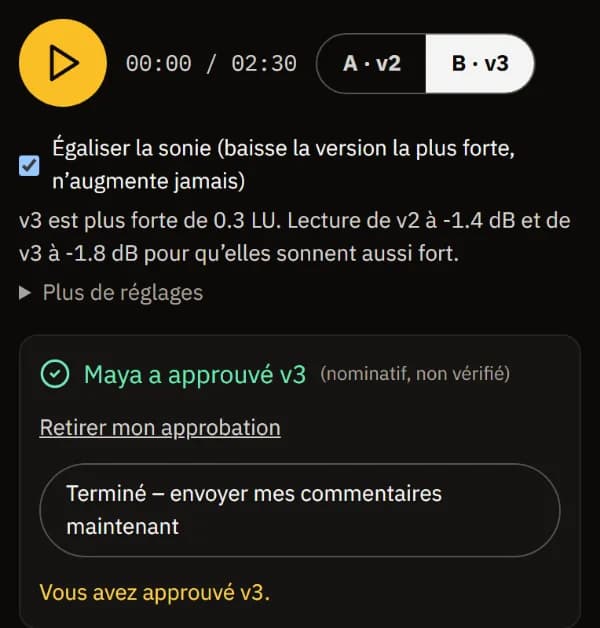Maya a approuvé la v3, avec Retirer mon approbation.