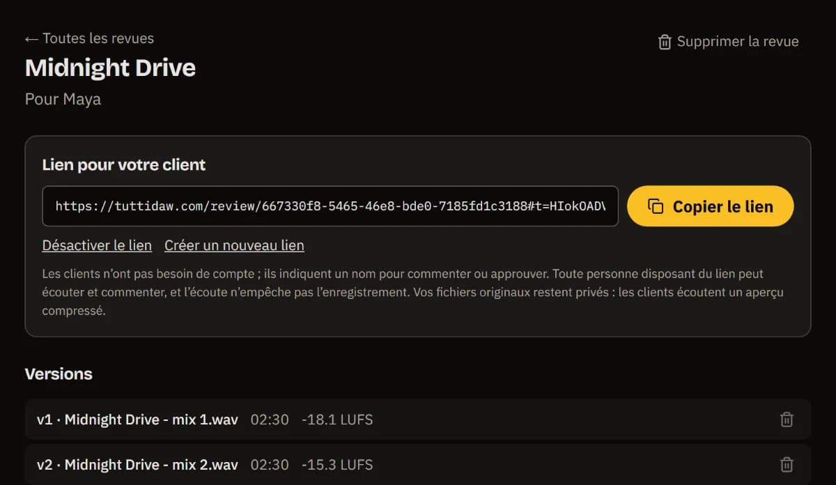 La page de revue de Midnight Drive pour Maya : le lien client avec Copier le lien, et les versions v1 et v2 avec leur durée et leurs LUFS.