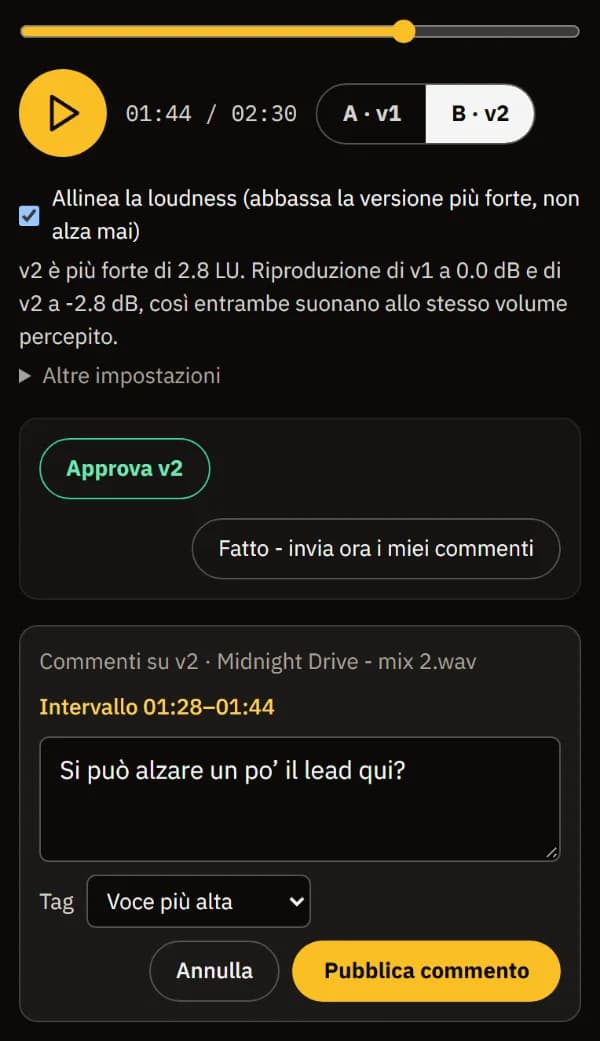 Una nota su 01:28-01:44 della v2 con il tag Voce più alta, pronta da pubblicare.