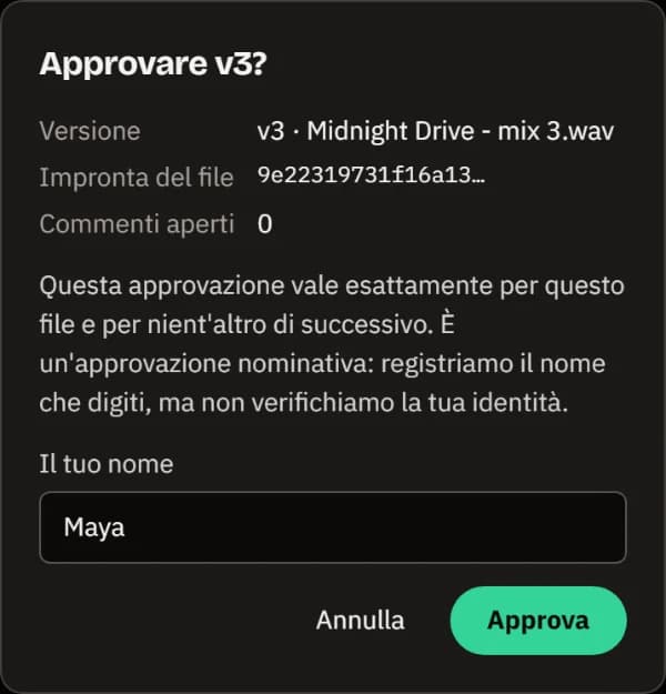 La finestra Approvare v3?: la versione, l’impronta del file, 0 commenti aperti e il nome Maya.