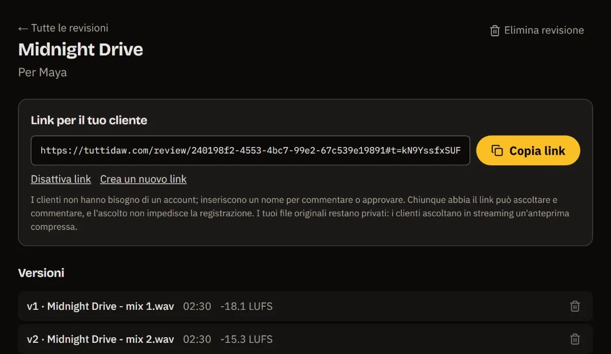 La pagina di revisione di Midnight Drive per Maya: il link per il cliente con Copia link e le versioni v1 e v2 con durata e LUFS.