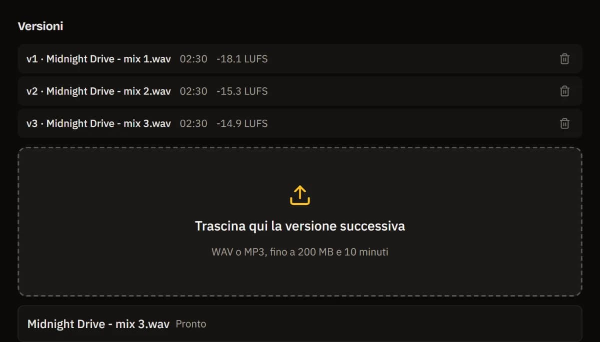 L’elenco delle versioni con la v3 aggiunta sotto v1 e v2, caricamento completato.