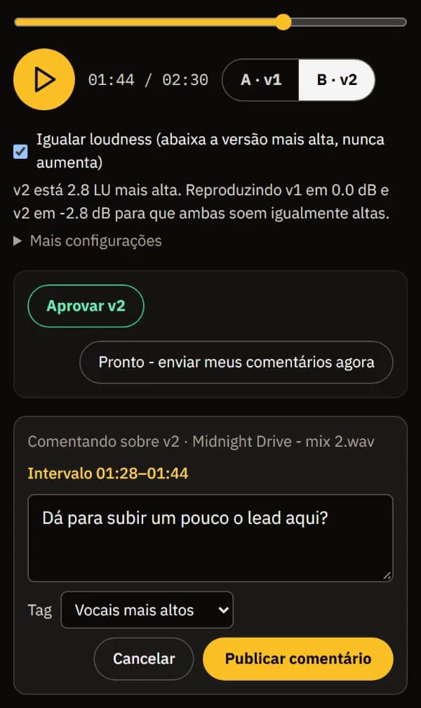 Uma nota sobre 01:28-01:44 da v2 com a tag Vocais mais altos, pronta para publicar.