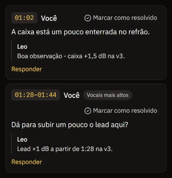 Duas notas, cada uma com a resposta do engenheiro Leo embaixo.