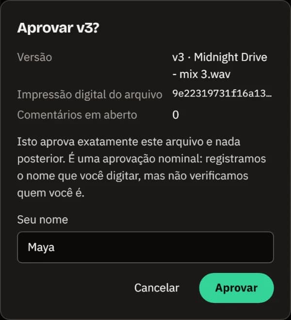 O diálogo Aprovar v3?: a versão, a impressão digital do arquivo, 0 comentários abertos e o nome Maya.