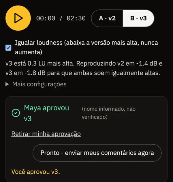 Maya aprovou a v3, com Retirar minha aprovação.