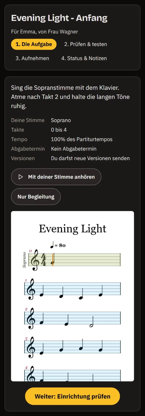 Die Aufgabe für Emma von ihrer Lehrkraft: die Anweisungen, Stimme Sopran, Takte 0 bis 4, das Tempo, keine Frist, die Anhör-Buttons und die Partitur.