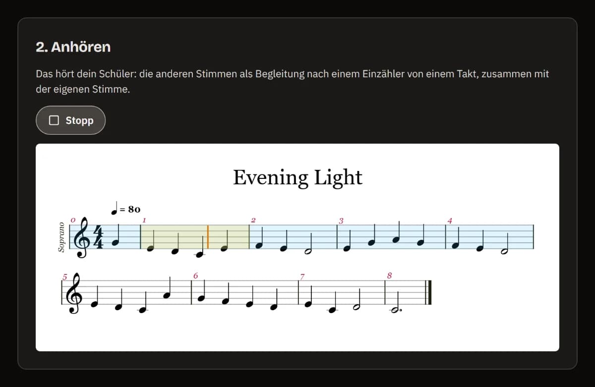 Anhören: die Vorschau läuft, mit Stopp und der Sopranstimme von Evening Light, der Cursor in Takt 1.