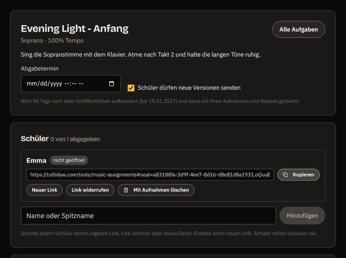 Die veröffentlichte Aufgabe: Titel, Stimme und Tempo, die Anweisungen und Emmas persönlicher Link mit Kopieren, noch nicht geöffnet.