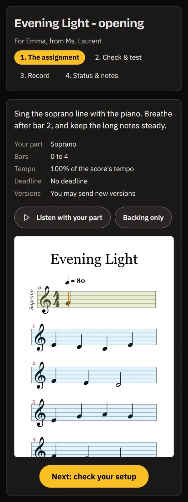 The assignment for Emma from her teacher: the instructions, part Soprano, bars 0 to 4, the tempo, no deadline, the listen buttons and the score.