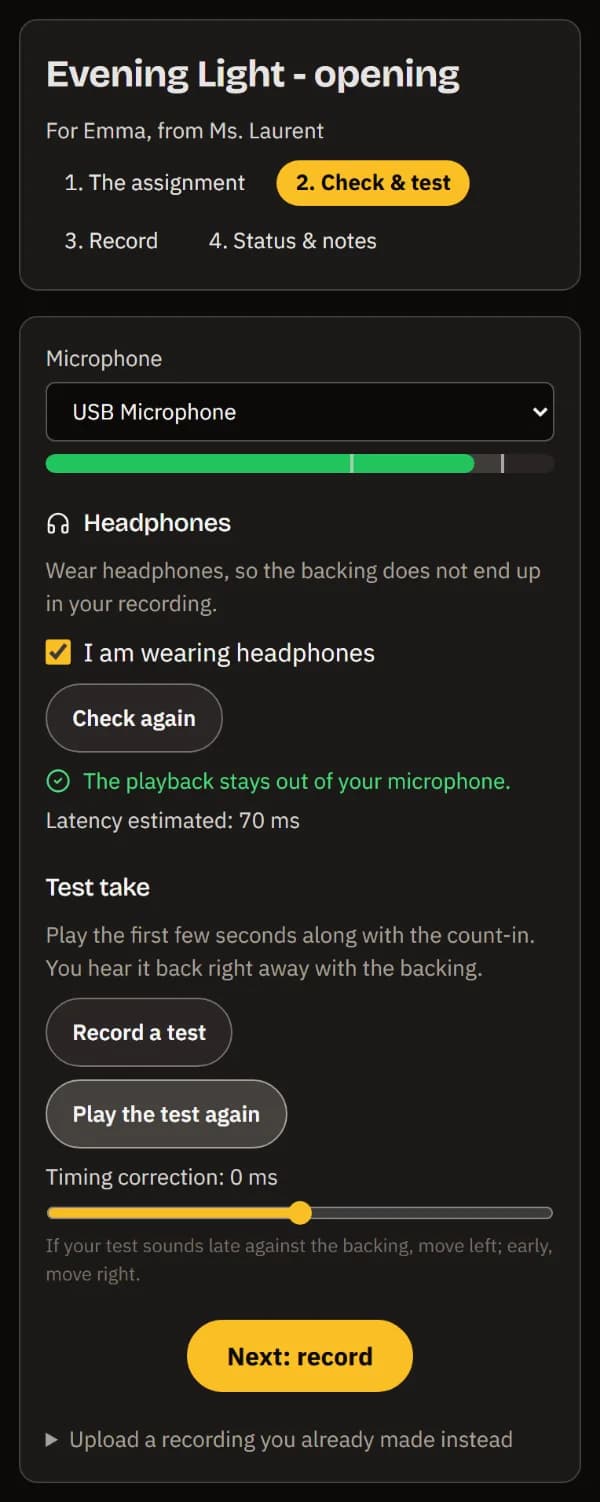 Check & test on a phone: the microphone and its level, headphones confirmed, the playback stays out of the mic, the test take and its timing correction, and Next: record.