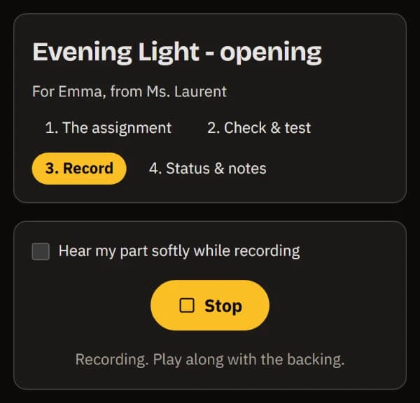 Recording on a phone: Hear my part softly while recording, the Stop button, and Recording. Play along with the backing.