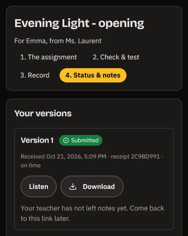 Status & notes on a phone: version 1 submitted on time with its receipt, Listen and Download, and no notes yet.
