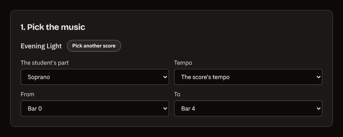 Pick the music: the score Evening Light loaded, with the Soprano part, the score's tempo, and bars 0 to 4 chosen.