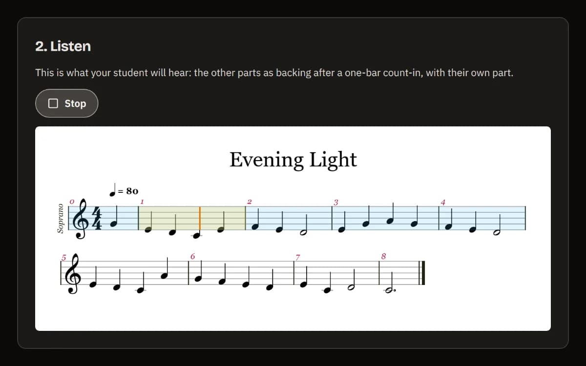 Listen: the preview playing, with Stop and the soprano line of Evening Light, the cursor in bar 1.