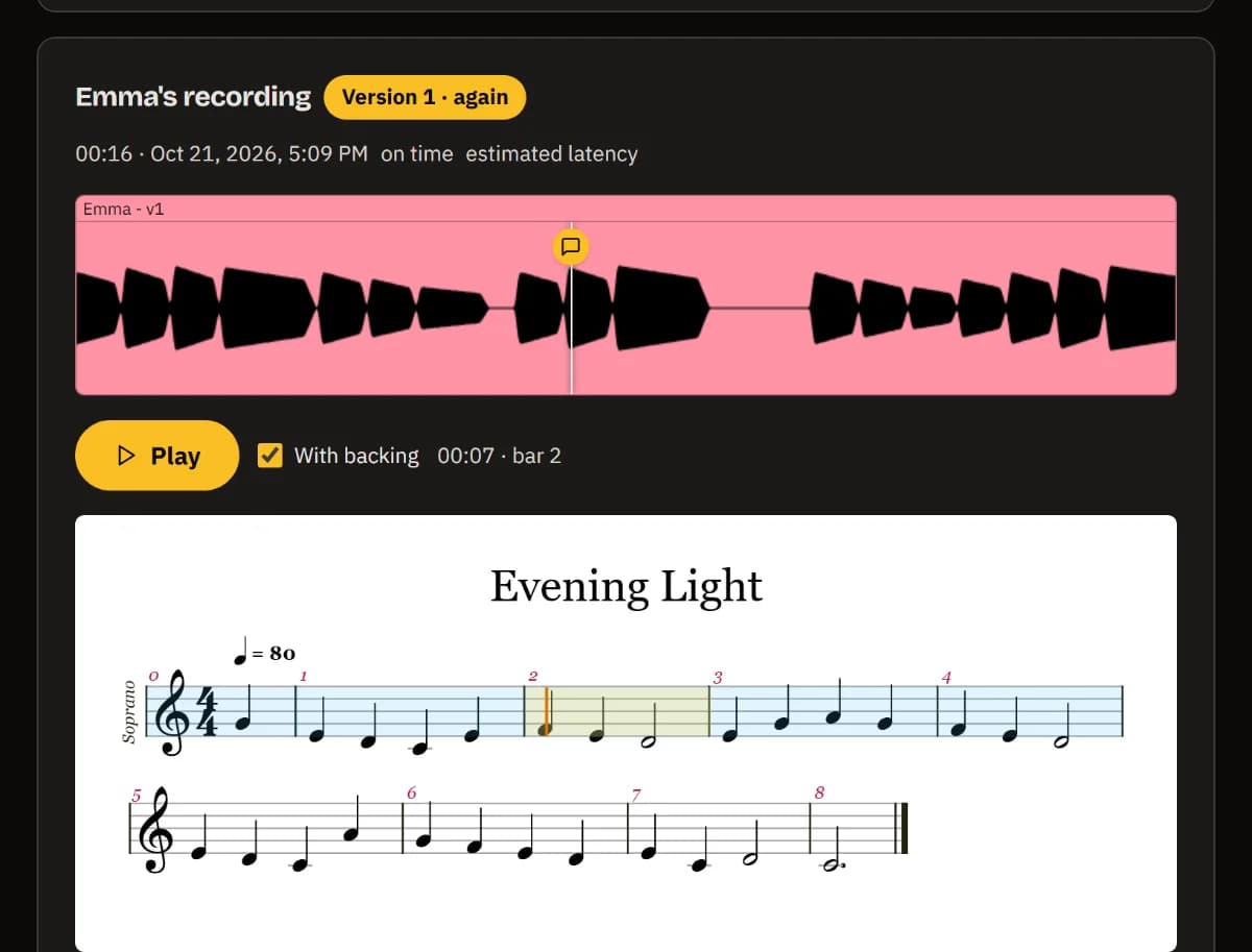 Emma's recording, version 1: its waveform with a note marker, Play, With backing, the playhead in bar 2, and the score with bar 2 marked.
