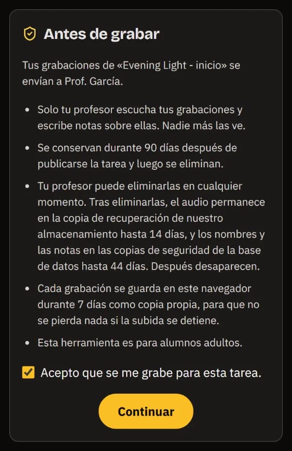 Antes de grabar, en un móvil: las grabaciones solo van al profesor, cuánto tiempo se guardan, la conformidad marcada y Continuar.
