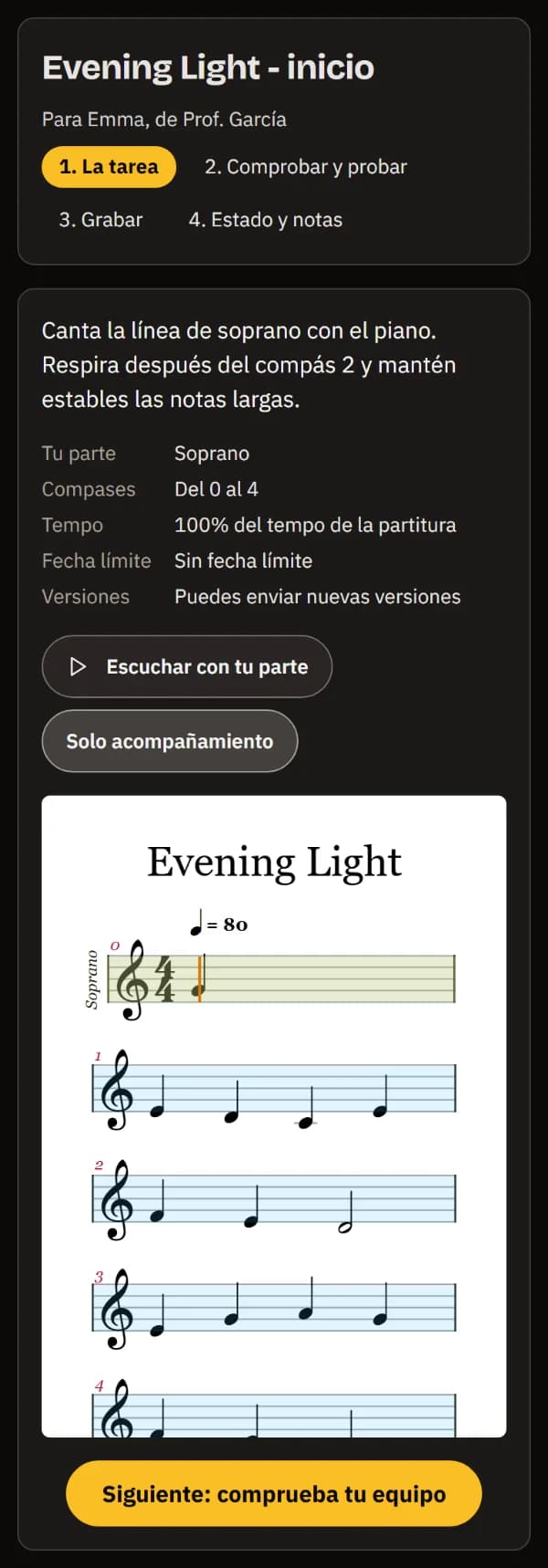 La tarea para Emma de su profesor: las instrucciones, parte Soprano, compases 0 a 4, el tempo, sin fecha límite, los botones de escucha y la partitura.