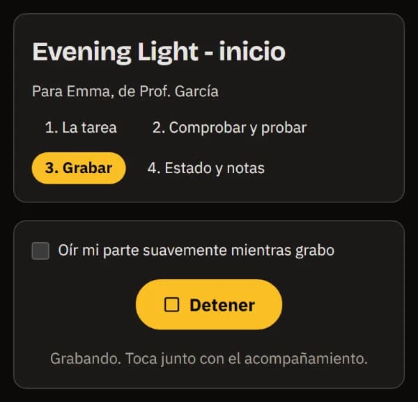 Grabación en un móvil: Oír mi parte suave mientras grabo, el botón Stop y Grabando. Toca junto con el acompañamiento.