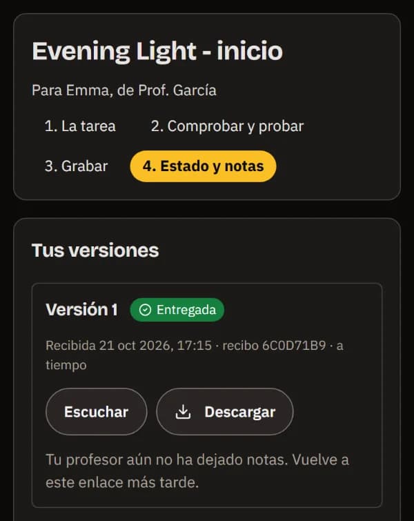 Estado y notas en un móvil: versión 1 entregada a tiempo con su justificante, Escuchar y Descargar, y aún sin notas.