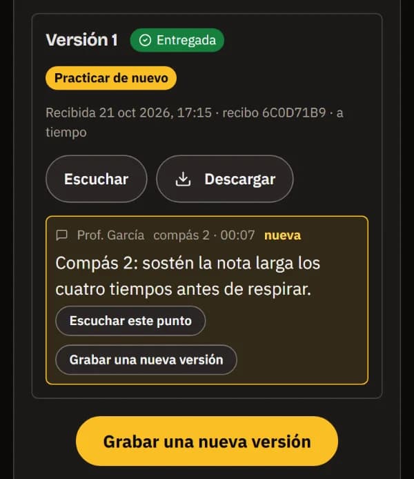 Versión 1 marcada como Practicar de nuevo, con la nueva nota del profesor en el compás 2, Escuchar este fragmento y Grabar una nueva versión.