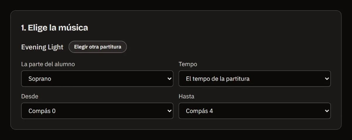Elegir la música: la partitura Evening Light cargada, con la parte de Soprano, el tempo de la partitura y los compases 0 a 4 seleccionados.