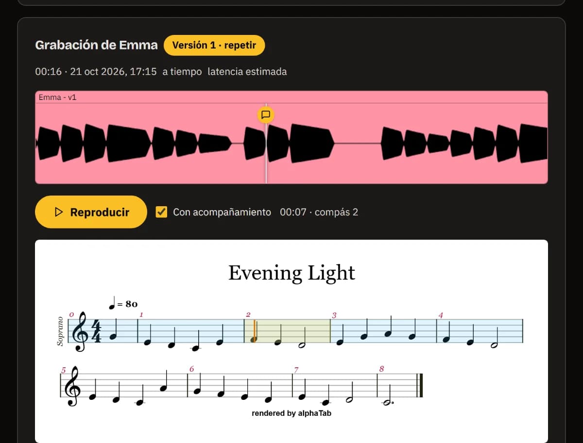 La grabación de Emma, versión 1: su forma de onda con un marcador de nota, Reproducir, Con acompañamiento, el cursor de reproducción en el compás 2 y la partitura con el compás 2 marcado.