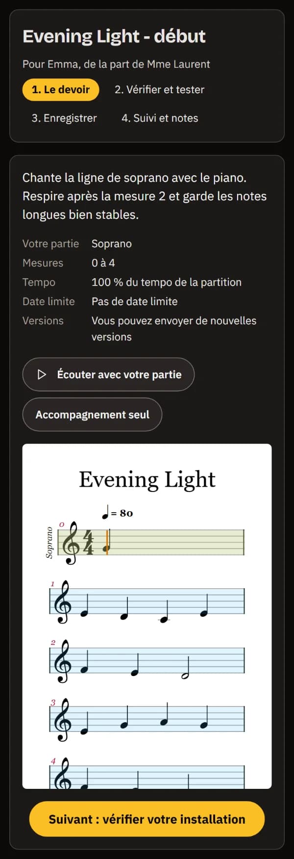 Le devoir d'Emma donné par son professeur : les consignes, la partie Soprano, les mesures 0 à 4, le tempo, pas d'échéance, les boutons d'écoute et la partition.
