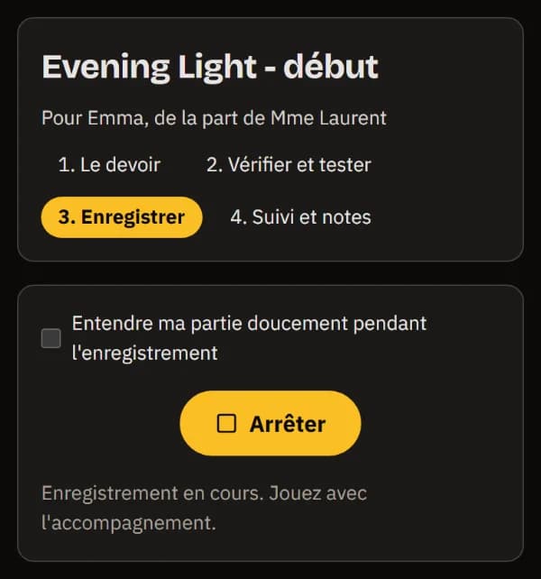 Enregistrement sur un téléphone : Entendre ma partie doucement pendant l'enregistrement, le bouton Arrêter et Enregistrement en cours. Jouez avec l'accompagnement.