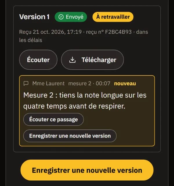 Version 1 marquée À retravailler, avec la nouvelle remarque du professeur à la mesure 2, Écouter ce passage et Enregistrer une nouvelle version.