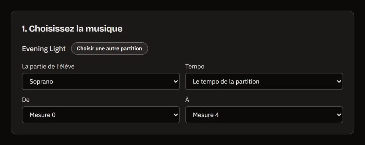 Choisir la musique : la partition Evening Light chargée, avec la partie Soprano, le tempo de la partition et les mesures 0 à 4 sélectionnées.