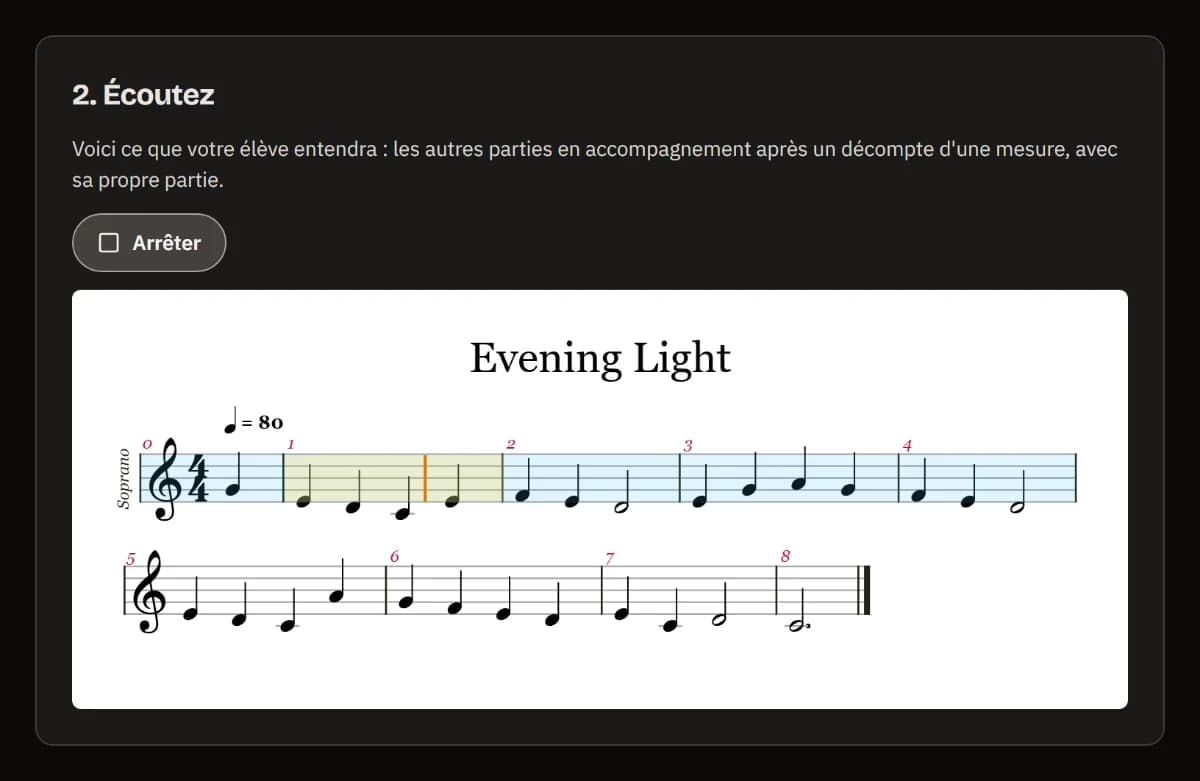 Écouter : l'aperçu en lecture, avec Stop et la ligne de soprano d'Evening Light, le curseur à la mesure 1.
