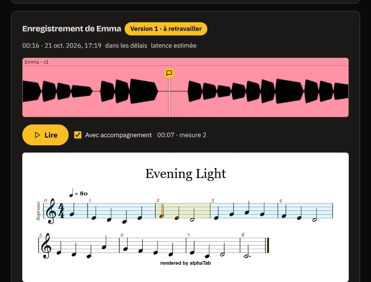 L'enregistrement d'Emma, version 1 : sa forme d'onde avec un repère de note, Lecture, Avec accompagnement, la tête de lecture à la mesure 2, et la partition avec la mesure 2 marquée.