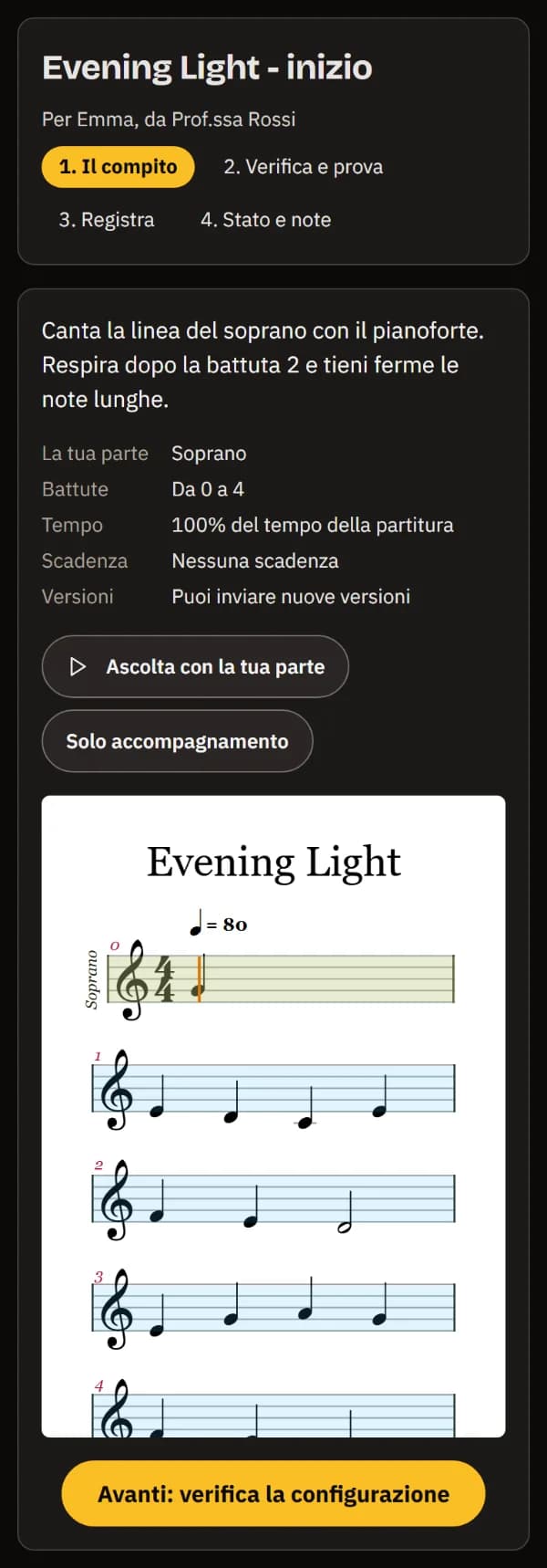 Il compito per Emma dalla sua insegnante: le istruzioni, parte Soprano, battute da 0 a 4, il tempo, nessuna scadenza, i pulsanti di ascolto e la partitura.