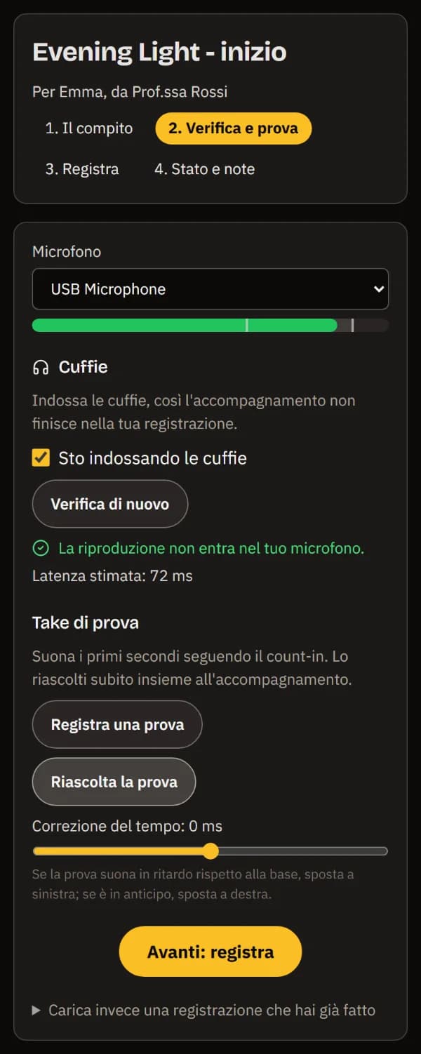 Controllo e prova su un telefono: il microfono e il suo livello, cuffie confermate, la riproduzione non entra nel microfono, la take di prova con la correzione del timing e Avanti: registra.