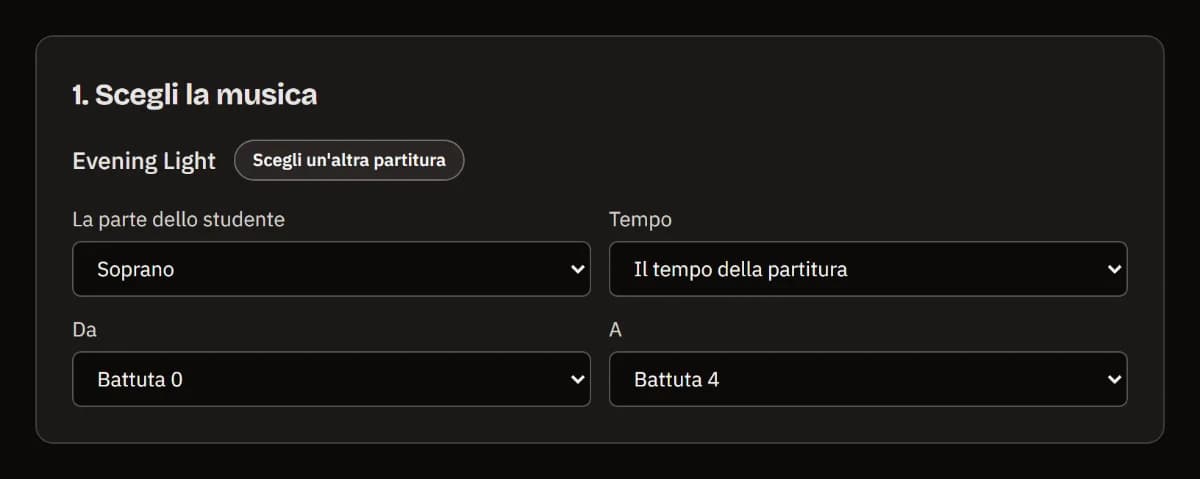 Scegli la musica: la partitura Evening Light caricata, con la parte Soprano, il tempo della partitura e le battute da 0 a 4 selezionate.