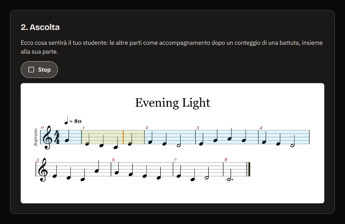Ascolta: l'anteprima in riproduzione, con Stop e la linea del soprano di Evening Light, il cursore nella battuta 1.