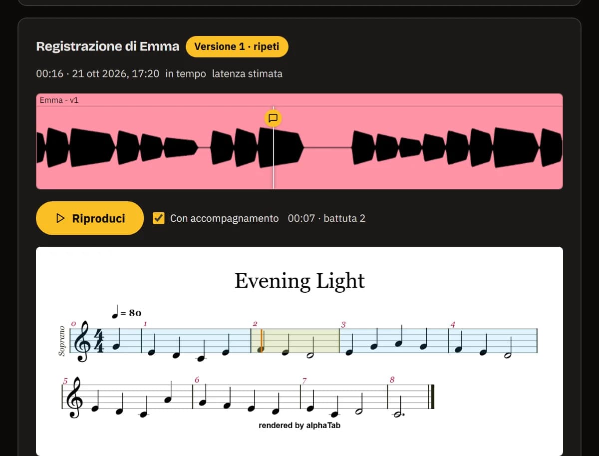 La registrazione di Emma, versione 1: la forma d'onda con un indicatore di nota, Riproduci, Con base, la testina nella battuta 2 e la partitura con la battuta 2 evidenziata.