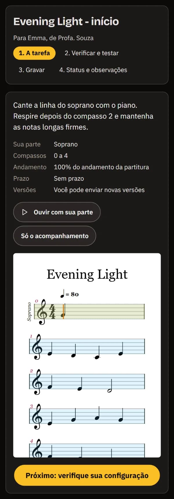 A tarefa para Emma do seu professor: as instruções, a parte Soprano, compassos 0 a 4, o andamento, sem prazo, os botões de ouvir e a partitura.