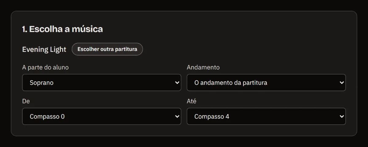 Escolher a música: a partitura Evening Light carregada, com a parte Soprano, o andamento da partitura e os compassos 0 a 4 selecionados.