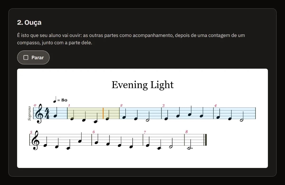 Ouvir: a prévia tocando, com Parar e a linha de soprano de Evening Light, o cursor no compasso 1.