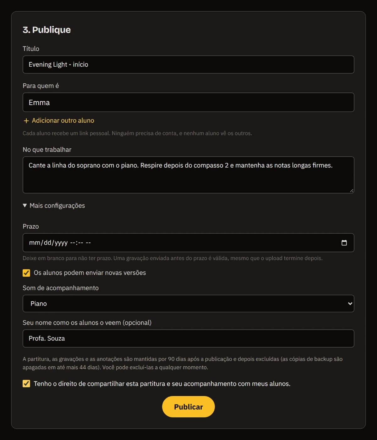 Publicar: o título, a aluna Emma, o que trabalhar, Mais configurações aberto com o nome do professor, a caixa de direitos marcada e Publicar.
