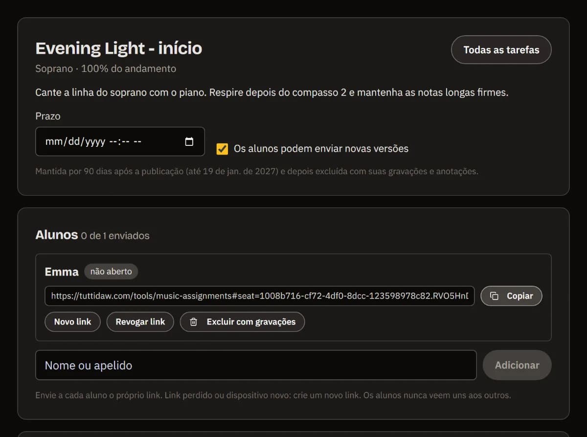 A tarefa publicada: título, parte e andamento, as instruções e o link pessoal de Emma com Copiar, ainda não aberto.