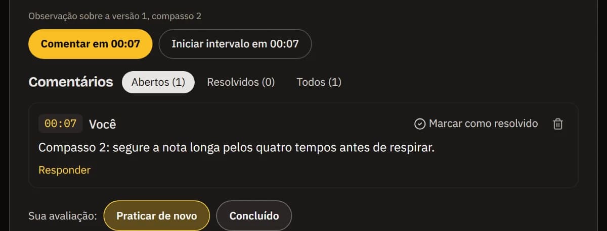 Um comentário na versão 1 no compasso 2 na lista de comentários, e a avaliação Praticar de novo selecionada ao lado de Concluído.