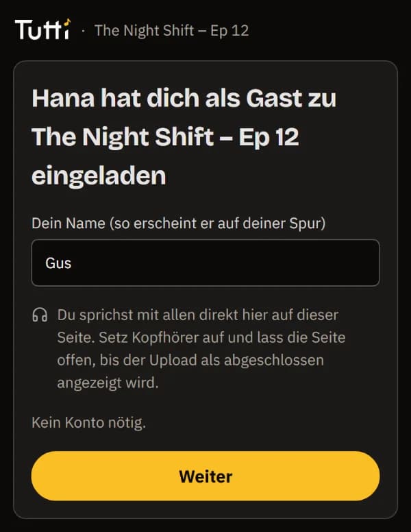 Der Begrüßungsbildschirm des Gasts auf dem Handy: Einladung von Hana, dein Name, kein Konto nötig.