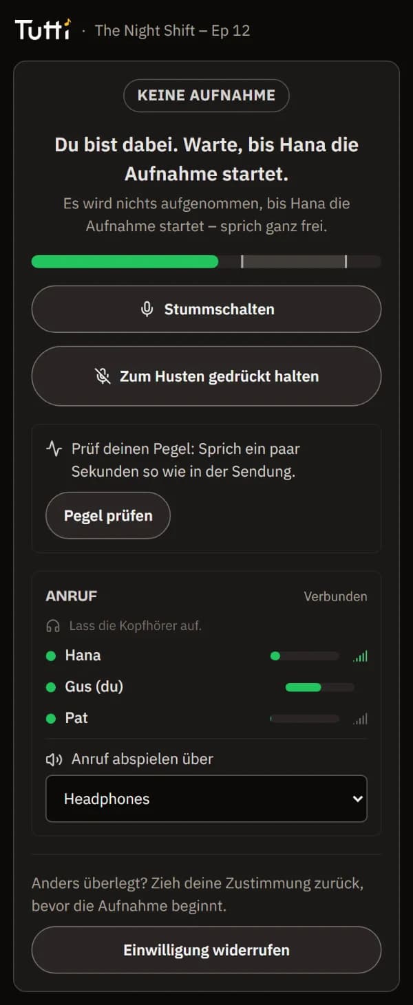 Der Warteraum: keine Aufnahme, warten auf Hana, mit dem Gespräch und den Pegeln aller.