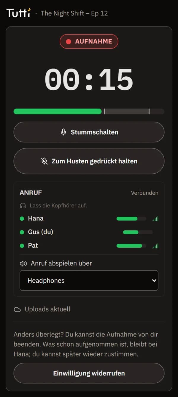 Die Aufnahme auf dem Handy des Gasts: Aufnahme-Badge, Timer, Pegelanzeige, Stummschalten und Zum Husten gedrückt halten.
