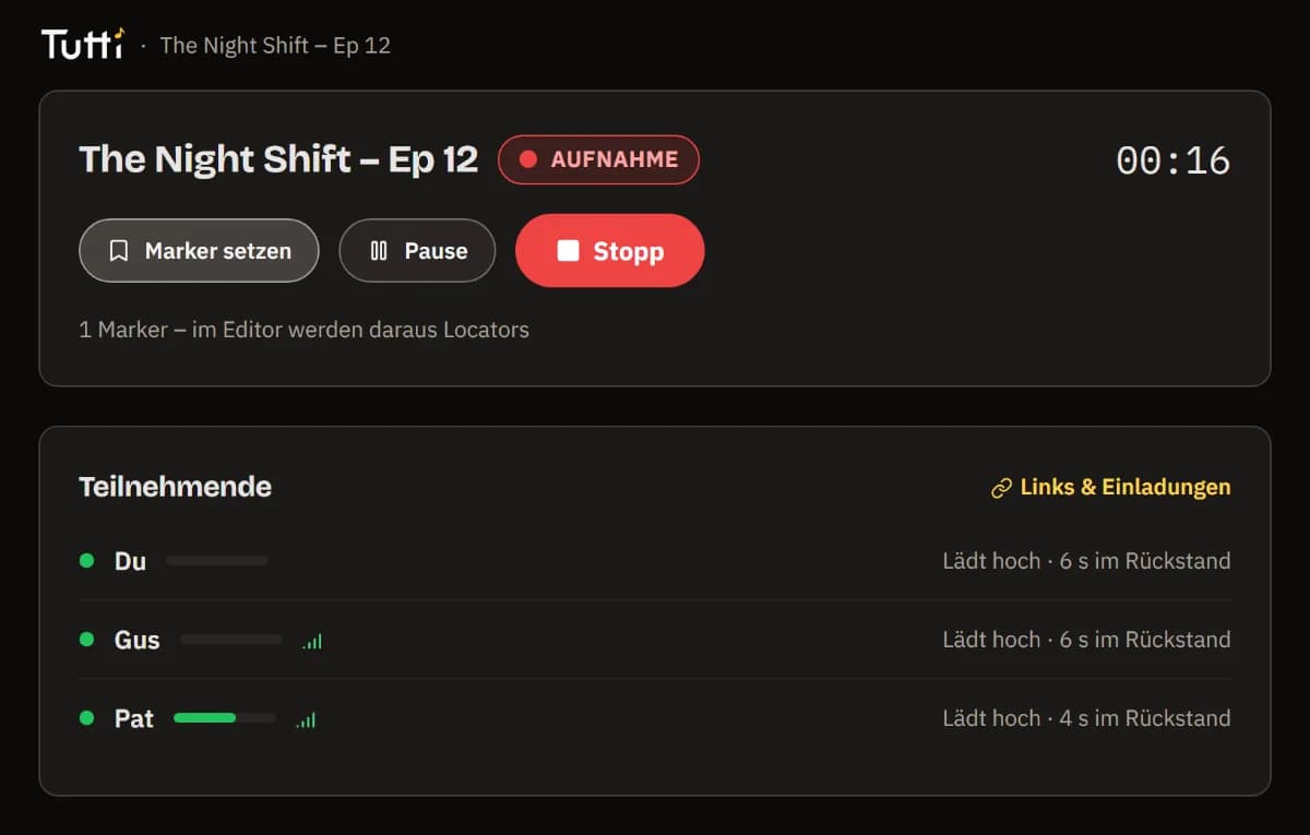 Die Host-Ansicht während der Aufnahme: Timer, Marker setzen, Pause, Stopp, und Pegel und Upload jeder Person.