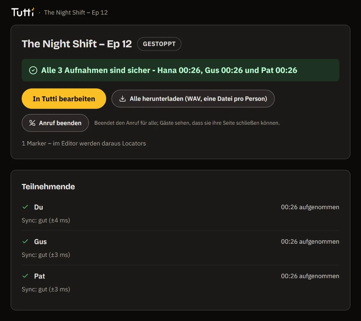 Alle 3 Aufnahmen sind sicher, mit den Schaltflächen In TuttiDAW bearbeiten und Alle herunterladen.
